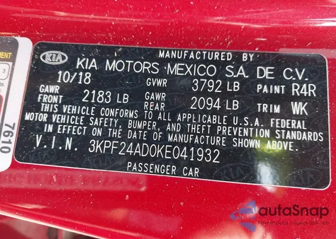 2019 Kia Forte Lxs from USA, damaged, VIN 3KPF24AD0KE041932